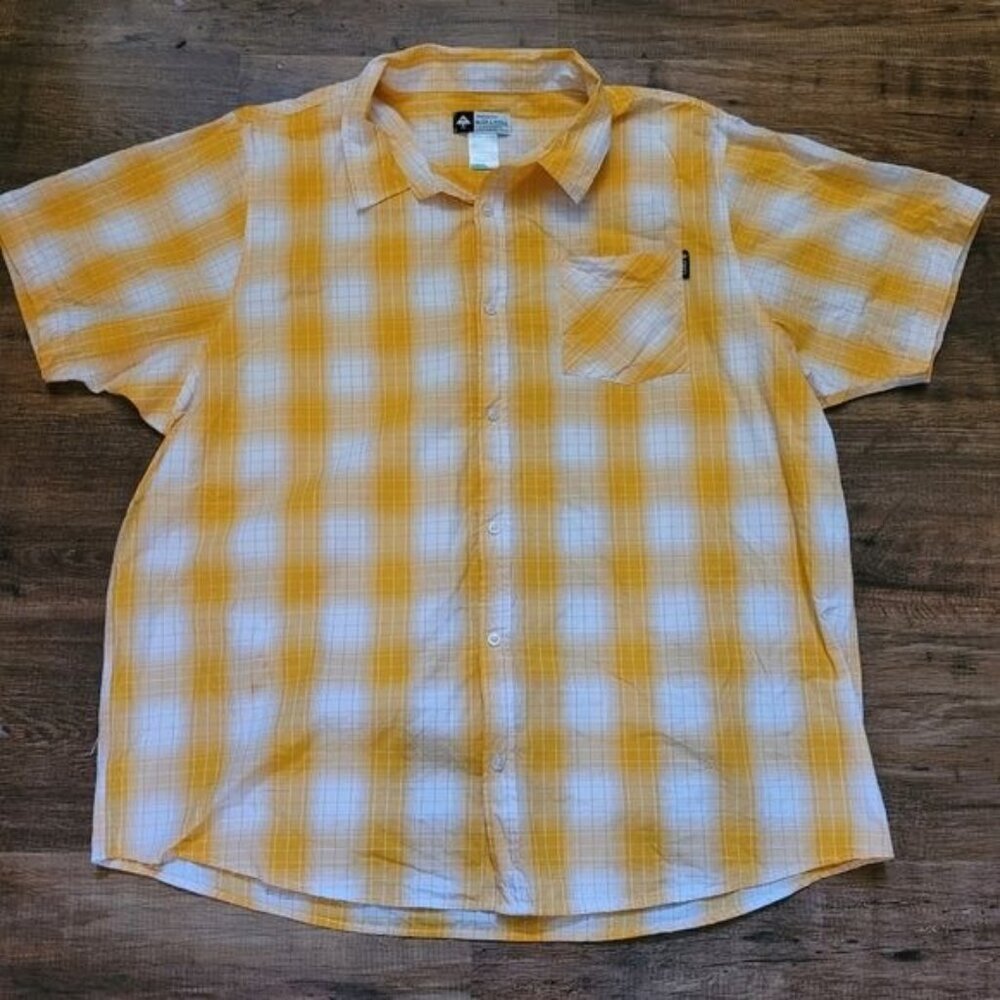 Men's LRG yellow white plaid shirt short sleeve button down 4XL 4X FLAW